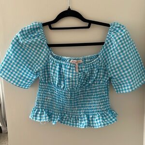 BCBG BCBGeneration Gingham Ruffle Scrunch Crop Top Blue and White